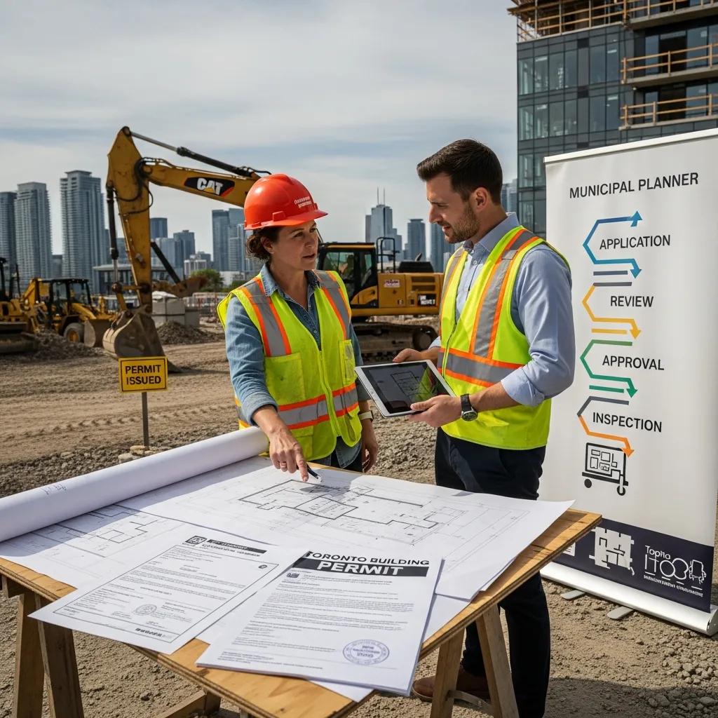 Contractor and municipal planner reviewing permit documents in Toronto