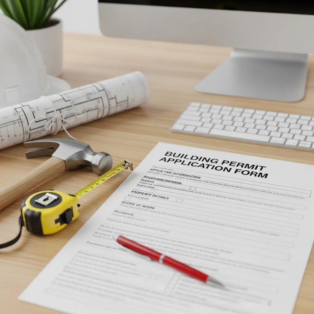 A permit application form beside construction tools, highlighting the need for proper documentation in home renovations
