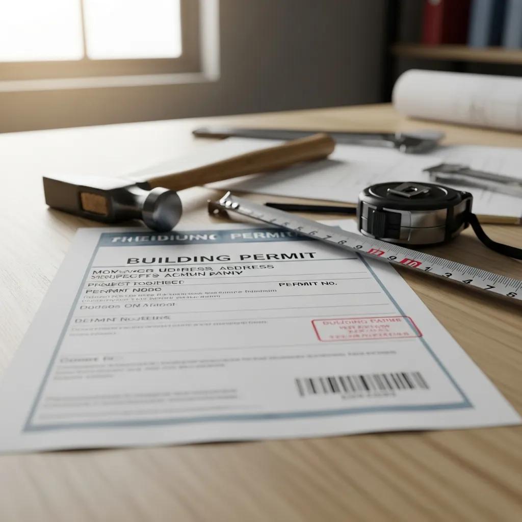 Close-up of a building permit and tools on a table — highlighting why permit requirements matter
