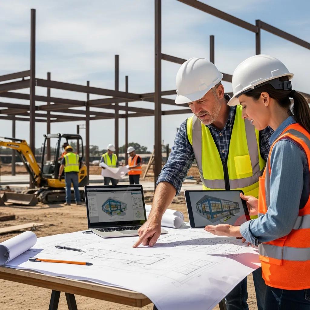 Construction manager and architect reviewing design‑build plans at a Toronto job site