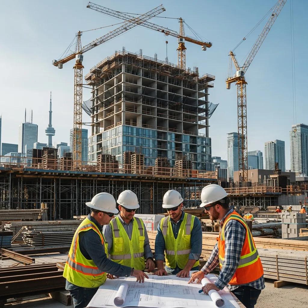 Construction site in Toronto with workers discussing blueprints, highlighting building permits and renovations