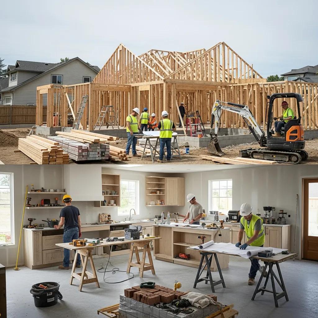 Construction site with workers reviewing plans and measuring—illustrating different project scopes