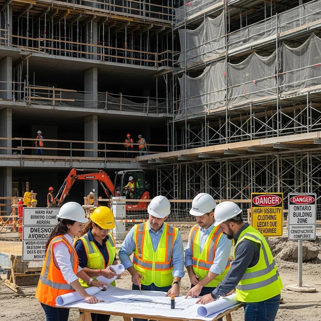 Construction site with engineer reviewing plans for code compliance