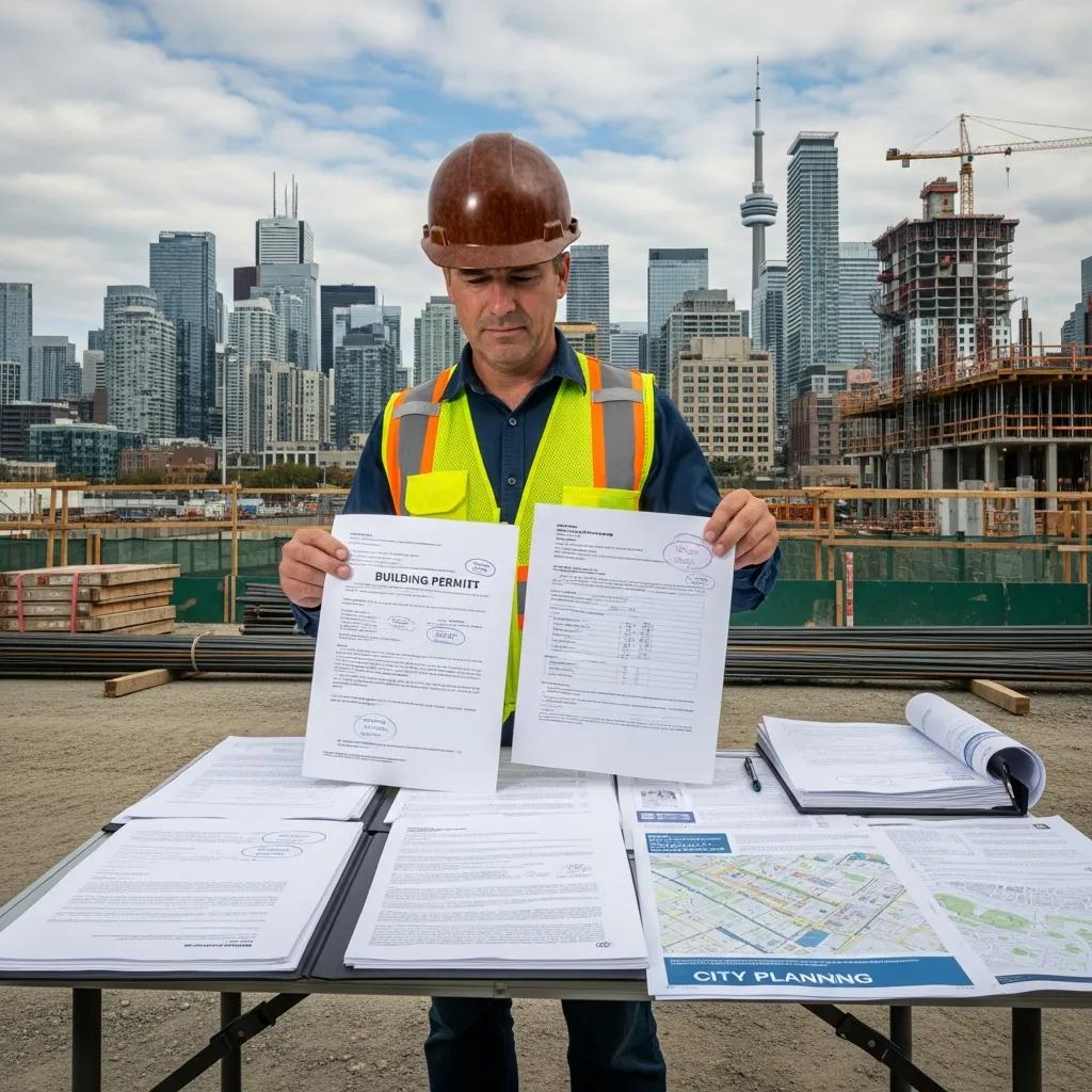 Contractor reviewing permits and zoning documents on a Toronto site