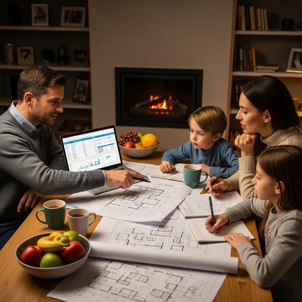 Family reviewing renovation budget and plans at home