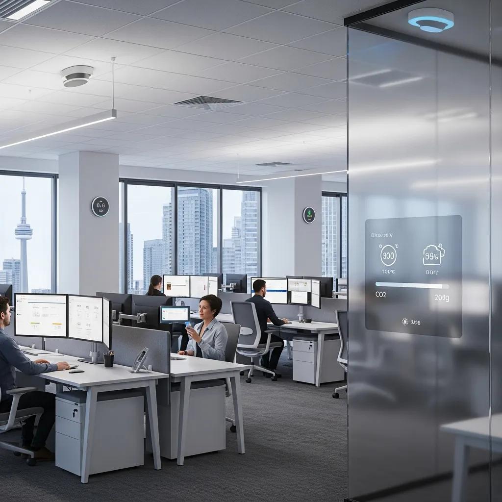 High-tech Toronto office showcasing smart lighting systems and IoT devices in a modern workspace