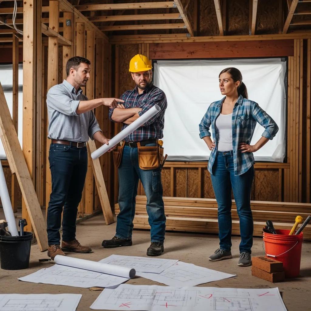 Homeowner discussing issues with architect and contractor on a traditional renovation
