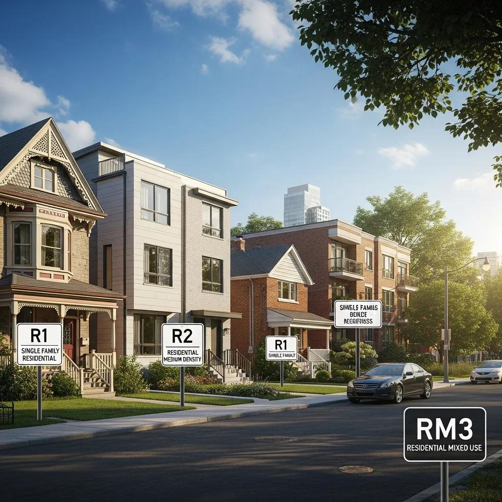 Residential Toronto street showing home styles and zoning signs — illustrating zoning regulations