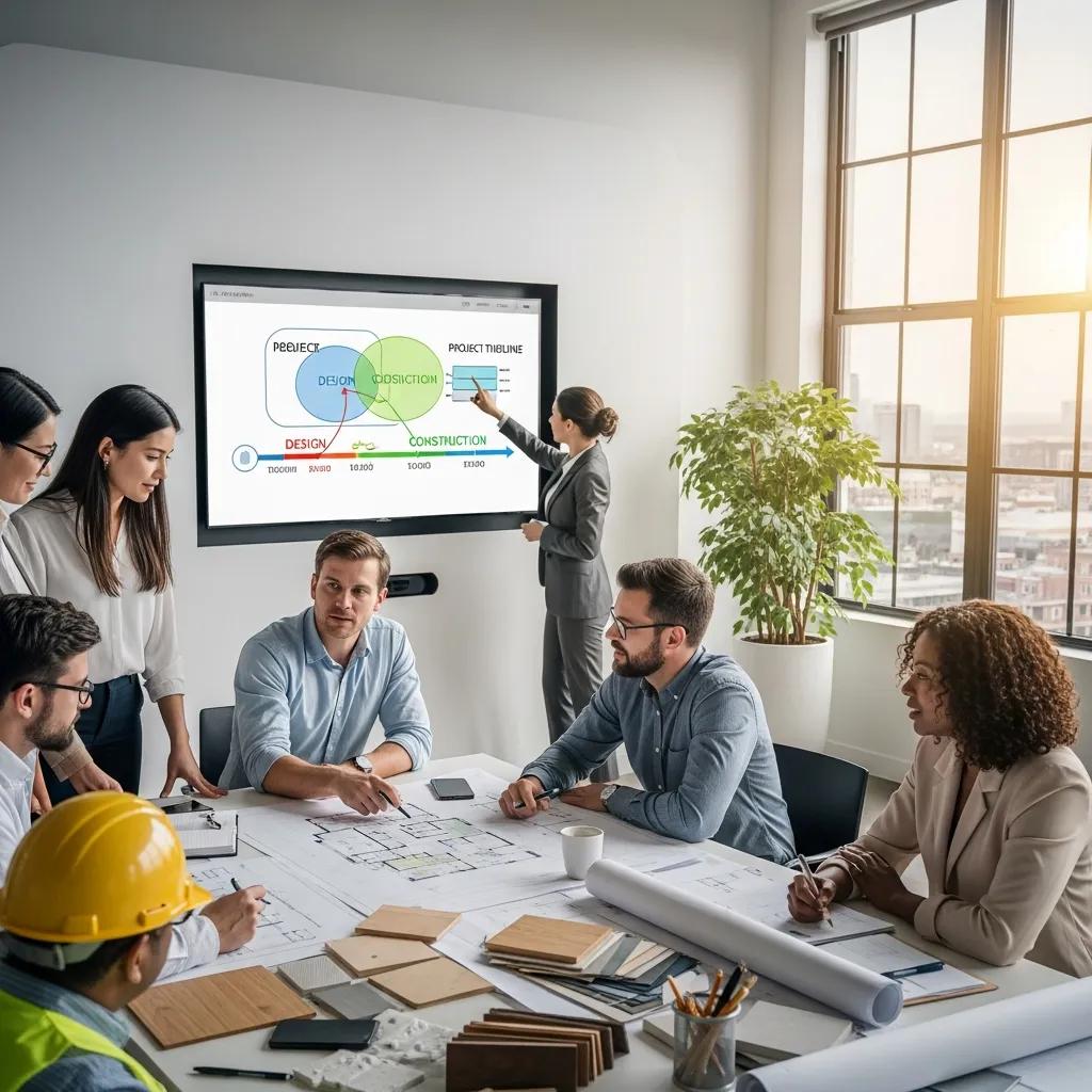 A design‑build team collaborating on project plans in a modern office
