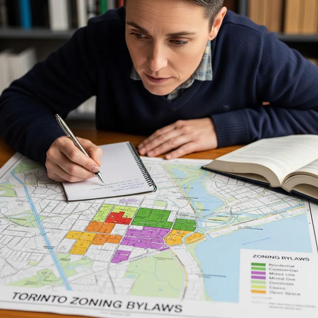 A zoning map of a Toronto neighbourhood with highlighted blocks, showing someone reviewing rules for a home renovation