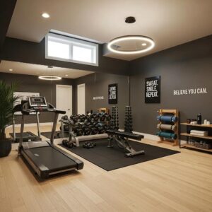Modern home gym in a basement with organized fitness equipment and motivational decor