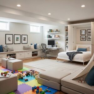 Versatile multi-functional basement space designed for living, working, and playing