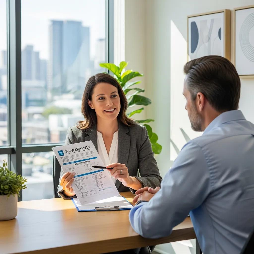 Homeowner and contractor reviewing warranty claim details in an office