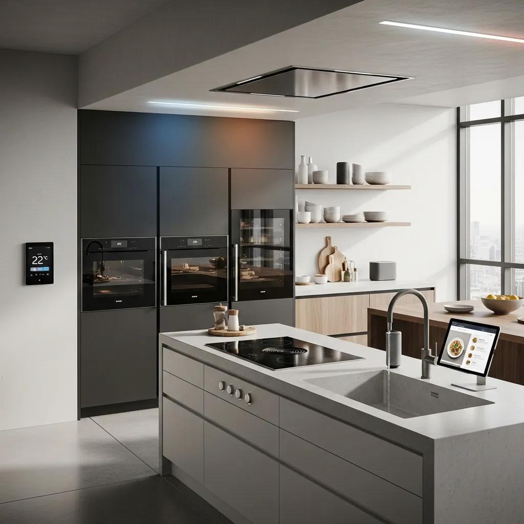 Modern kitchen with integrated smart devices and streamlined design
