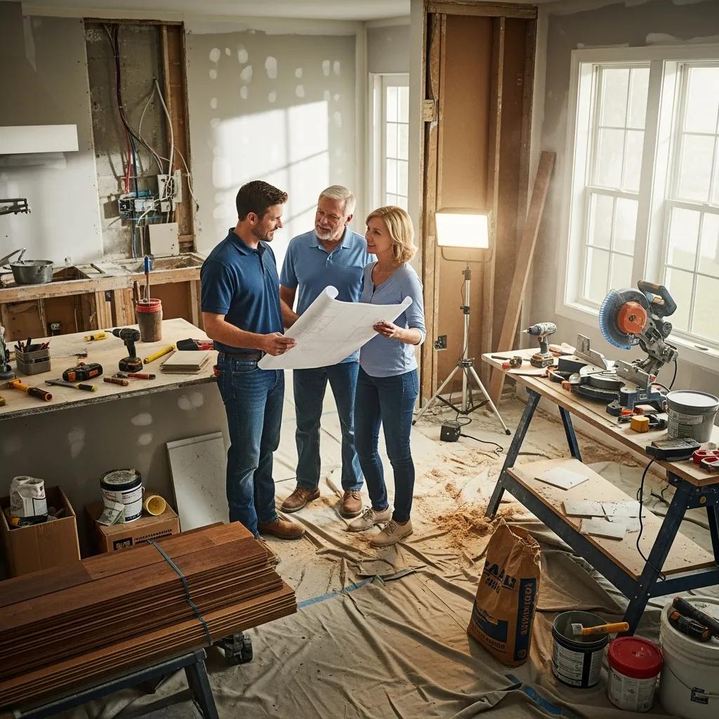 contractor discussing kitchen remodeling plans with homeowners amidst a renovation project 2f123516 87c7 4475 a171 7ced497a6599 contractor discussing kitchen remodeling plans with homeowners amidst a renovation project 2f123516 87c7 4475 a171 7ced497a6599