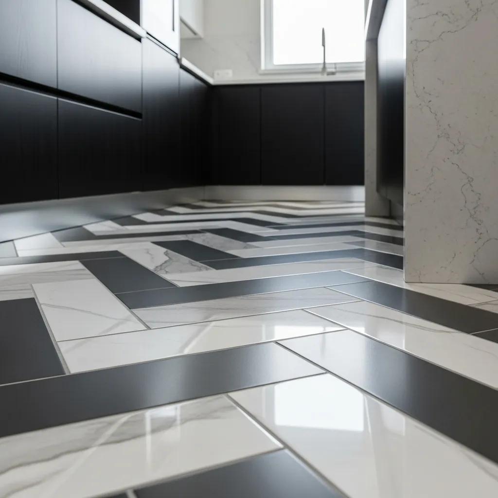 Close-up of porcelain and ceramic tile flooring in a modern kitchen showcasing durability and style