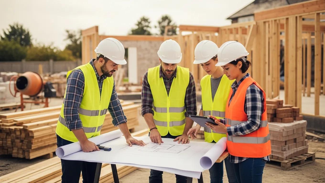 Construction site with workers discussing plans for a home addition, showcasing materials and collaboration