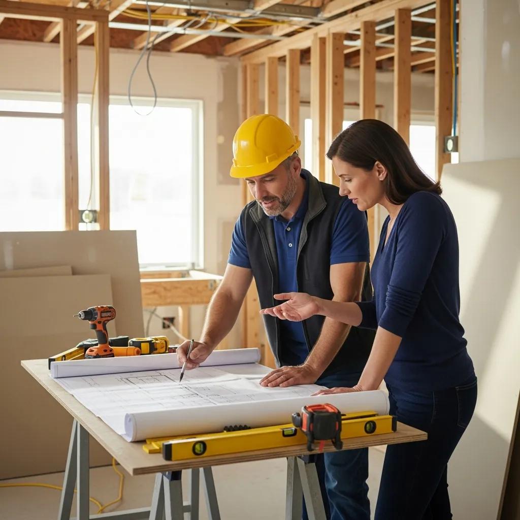 Contractor and homeowner discussing renovation plans at a construction site