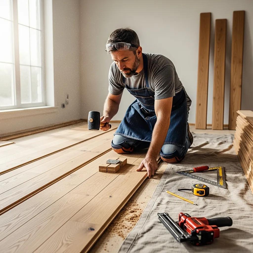 Craftsman installing hardwood flooring, showcasing skilled craftsmanship and attention to detail