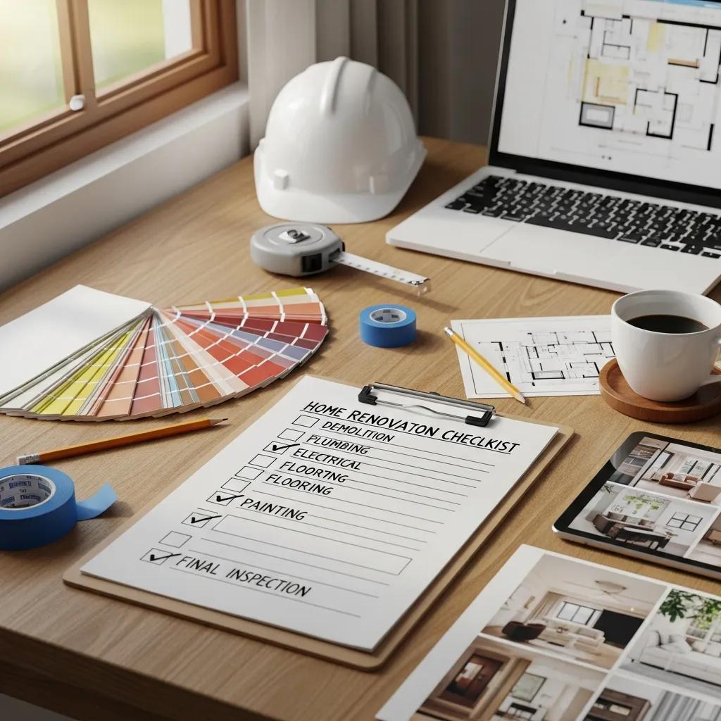 Home renovation checklist with materials and tools in a workspace