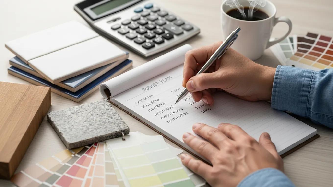 Homeowner budgeting for kitchen renovations with material samples