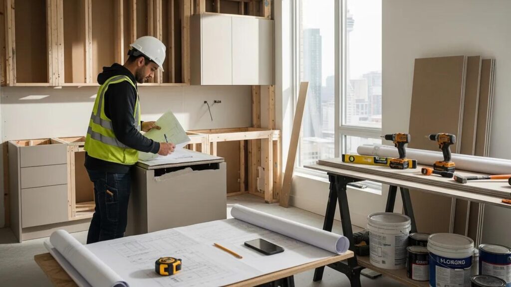 home renovation scene in toronto with a construction worker reviewing blueprints in a kitchen 11aefdf7 9716 4765 b60e 8d10d1c11315