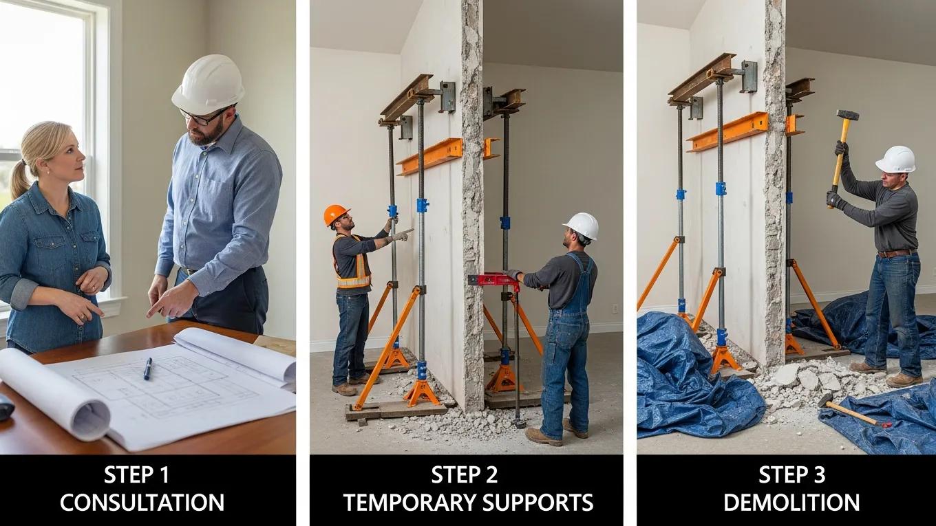 Step-by-step process of load bearing wall removal including consultation and demolition