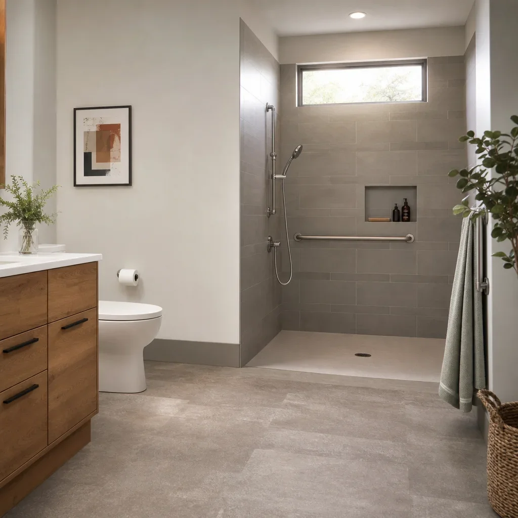 An accessible bathroom with a curbless shower and easy-use fixtures.