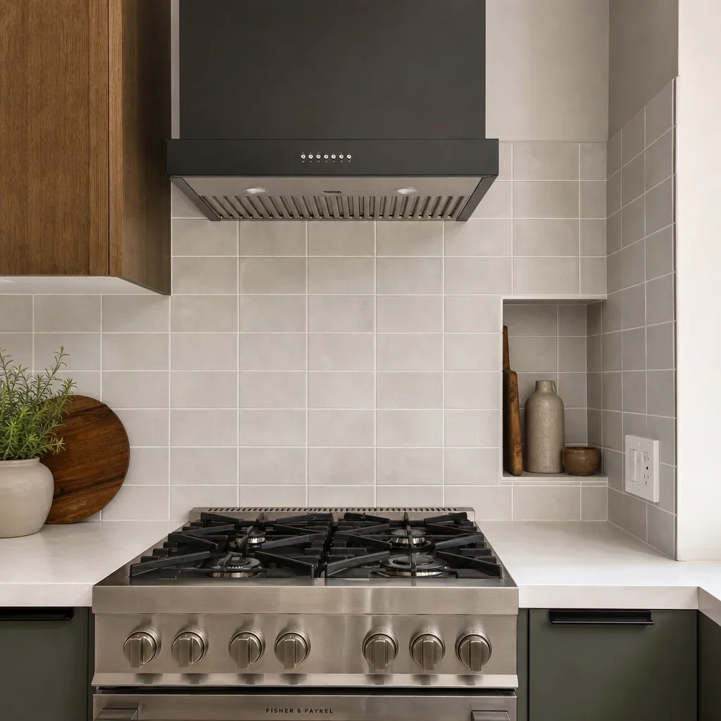Kitchen backsplash laid out around a floating hood, outlets, and corners.