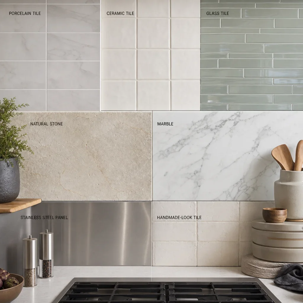 Close-up comparison of backsplash materials suitable for behind a stove.