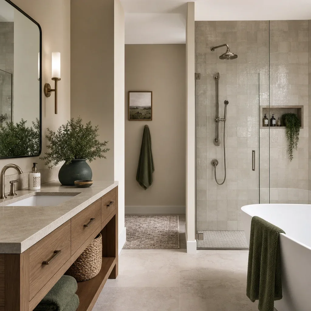 A bathroom styled with warm neutral and muted trend colors.