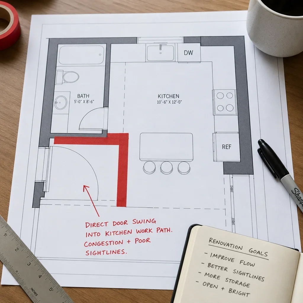 A layout plan showing a bathroom door conflict with the kitchen work path.