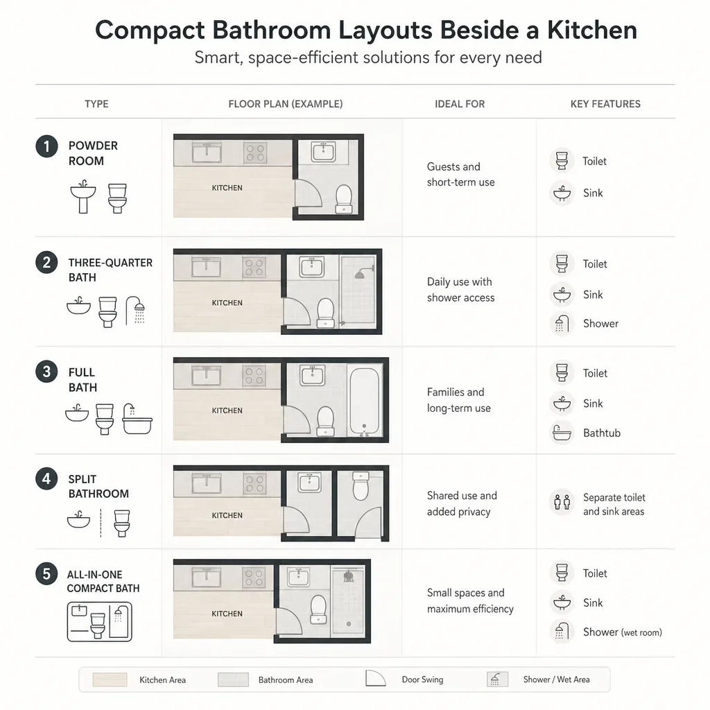 A comparison diagram of bathroom layout types that can work near a kitchen.