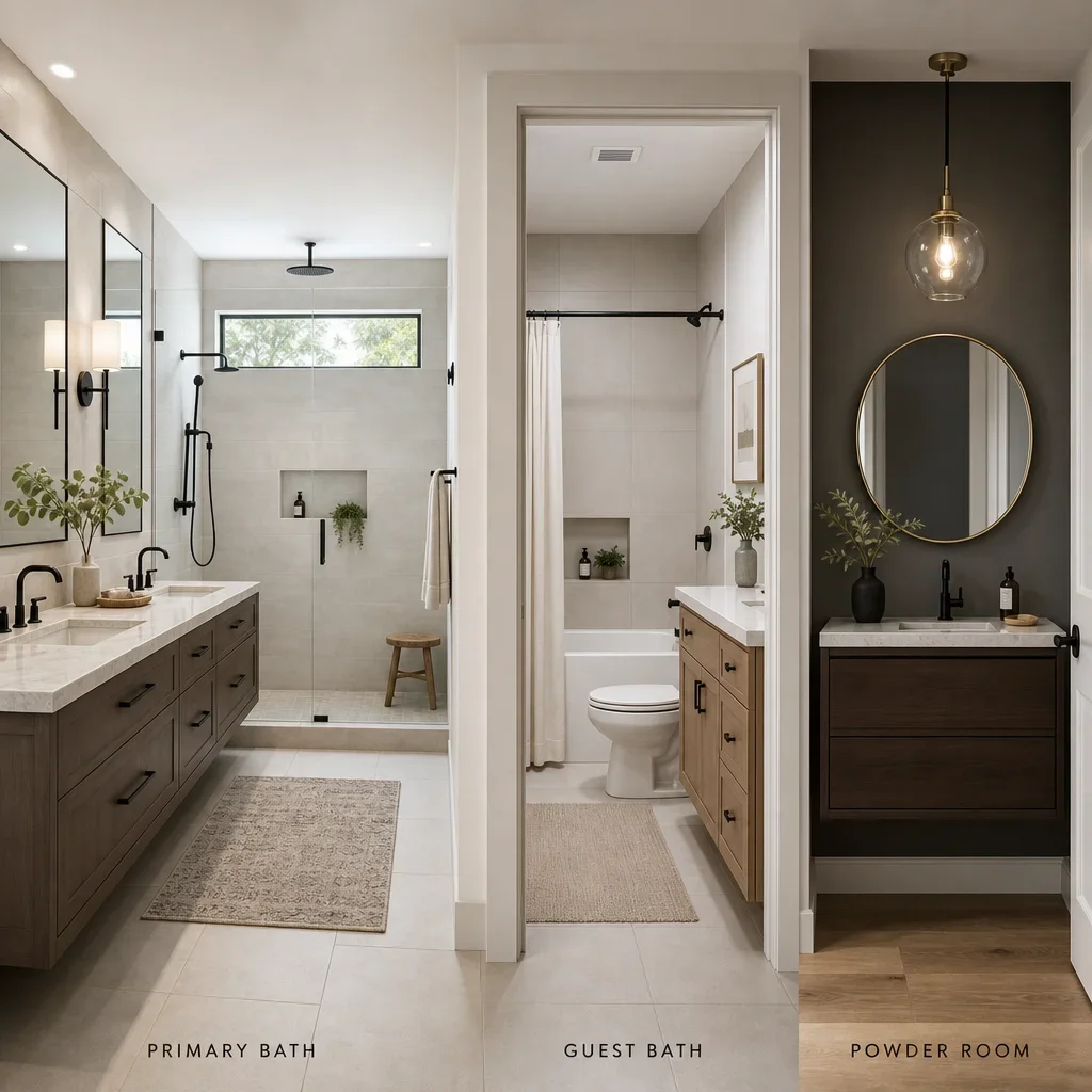 A bathroom design board showing different room types and their best features.