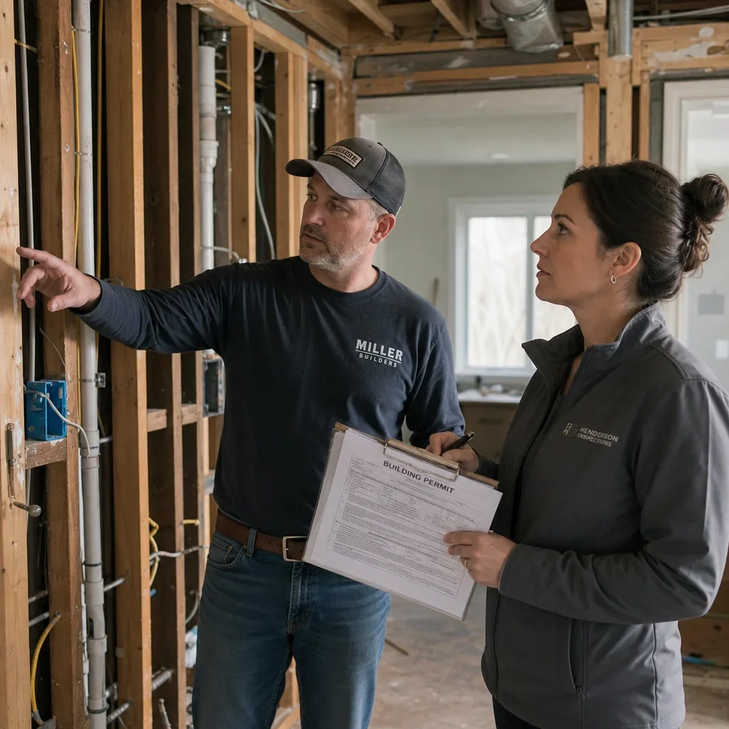 Contractor reviewing exposed plumbing and electrical work during a remodel.