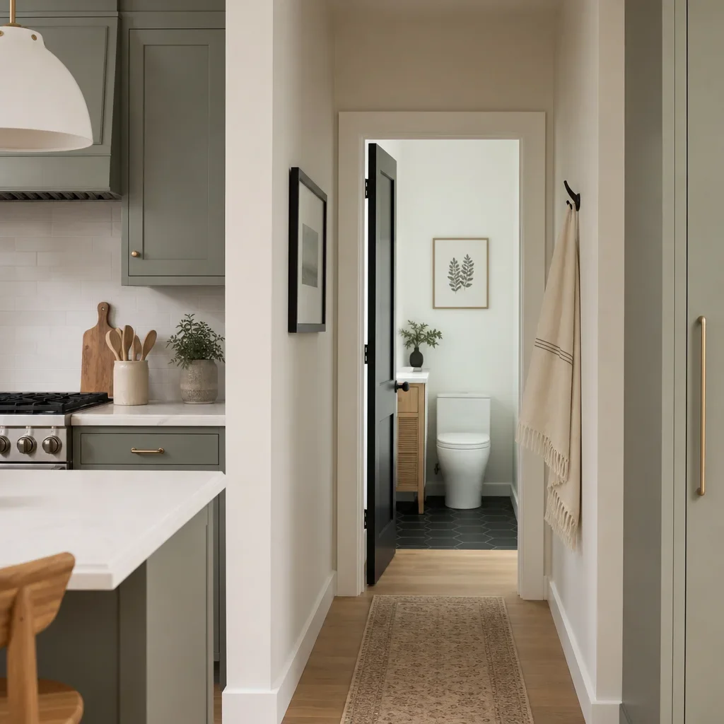 A bathroom off the kitchen with a short vestibule that adds privacy.