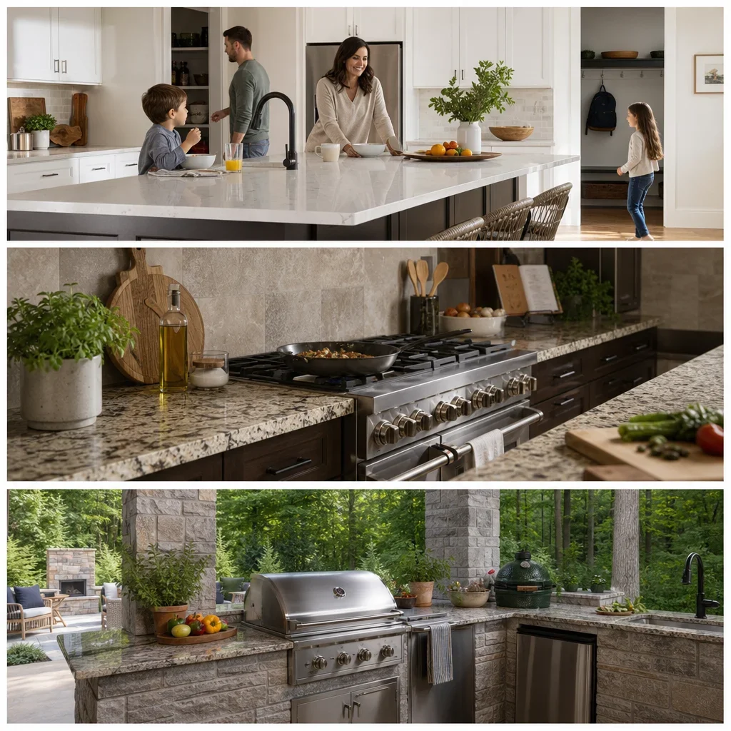 Three kitchen scenarios showing when quartz or granite is the better choice.