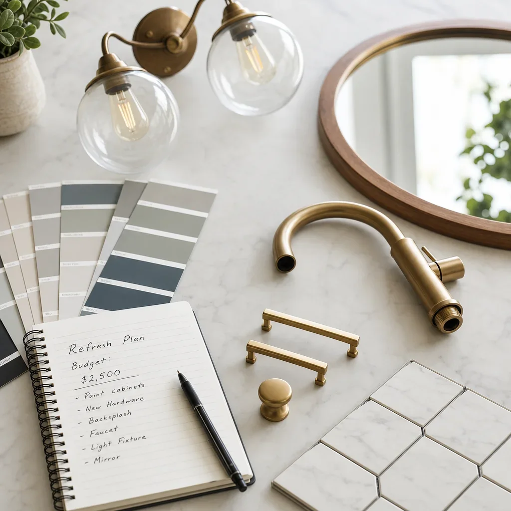 Budget-friendly renovation materials like hardware, paint swatches, and fixtures.