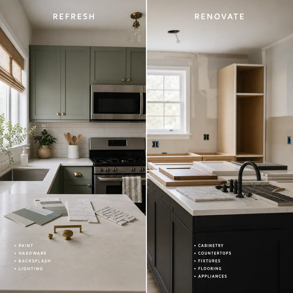 A visual comparison of a budget-friendly kitchen update and a full renovation setup.