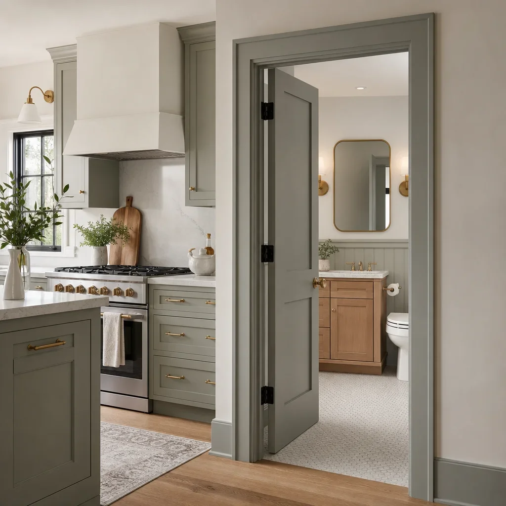 A coordinated kitchen and bathroom showing cohesive finishes and trim.