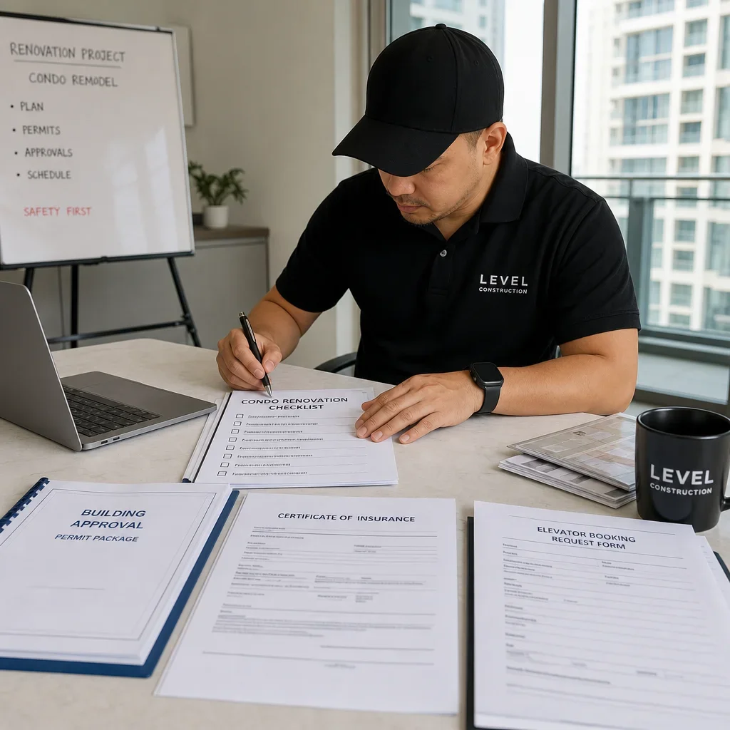 A contractor reviewing condo renovation approval documents and planning paperwork.