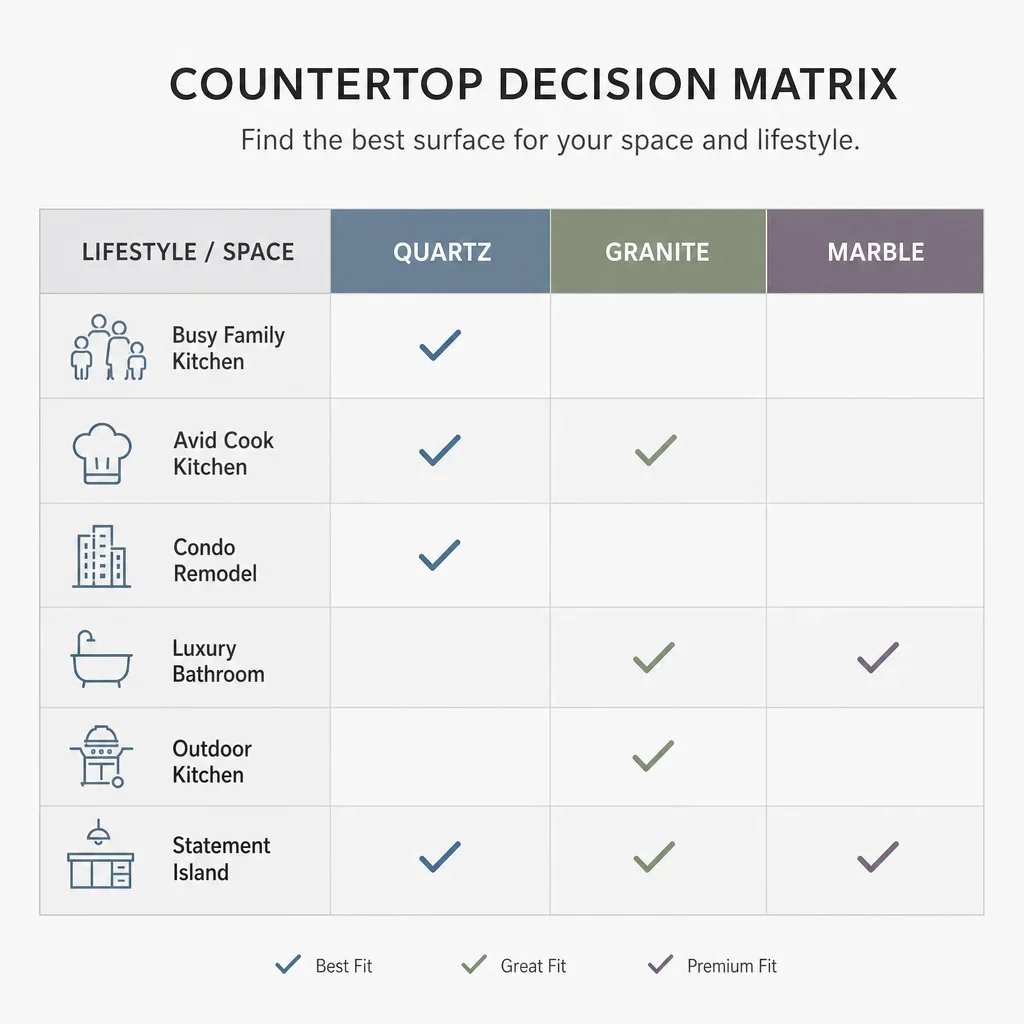Simple decision matrix comparing the best countertop material for different lifestyles.