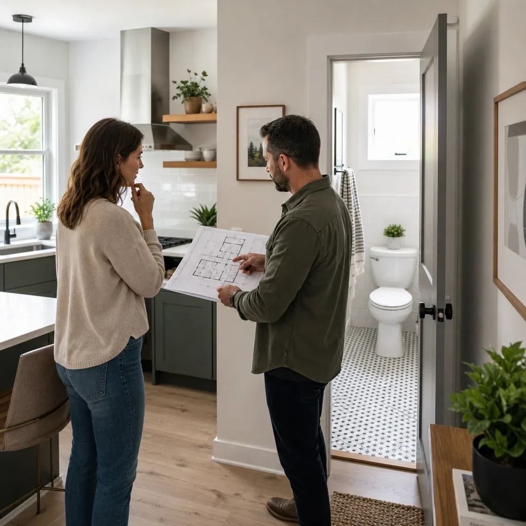 A homeowner and contractor discussing whether to keep or move a bathroom near the kitchen.