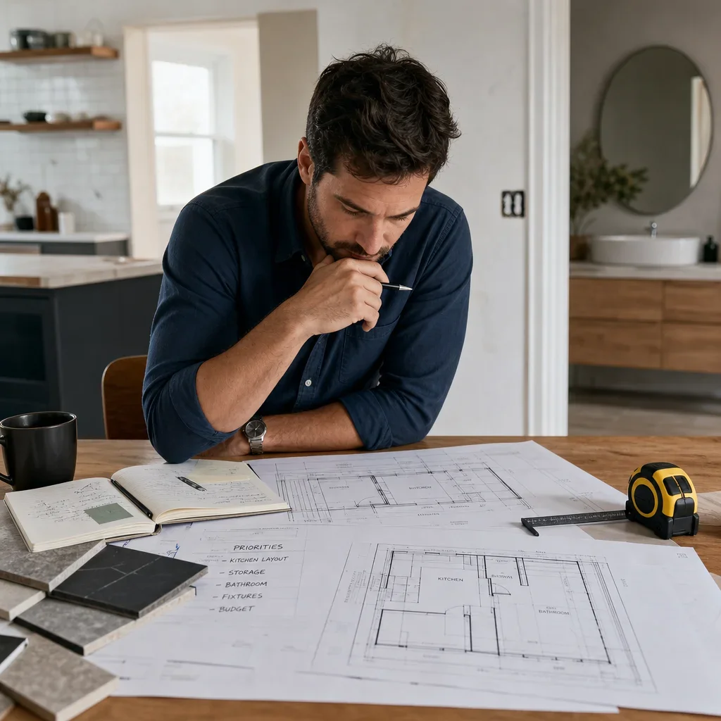 A designer reviewing renovation plans and measurements at a table.