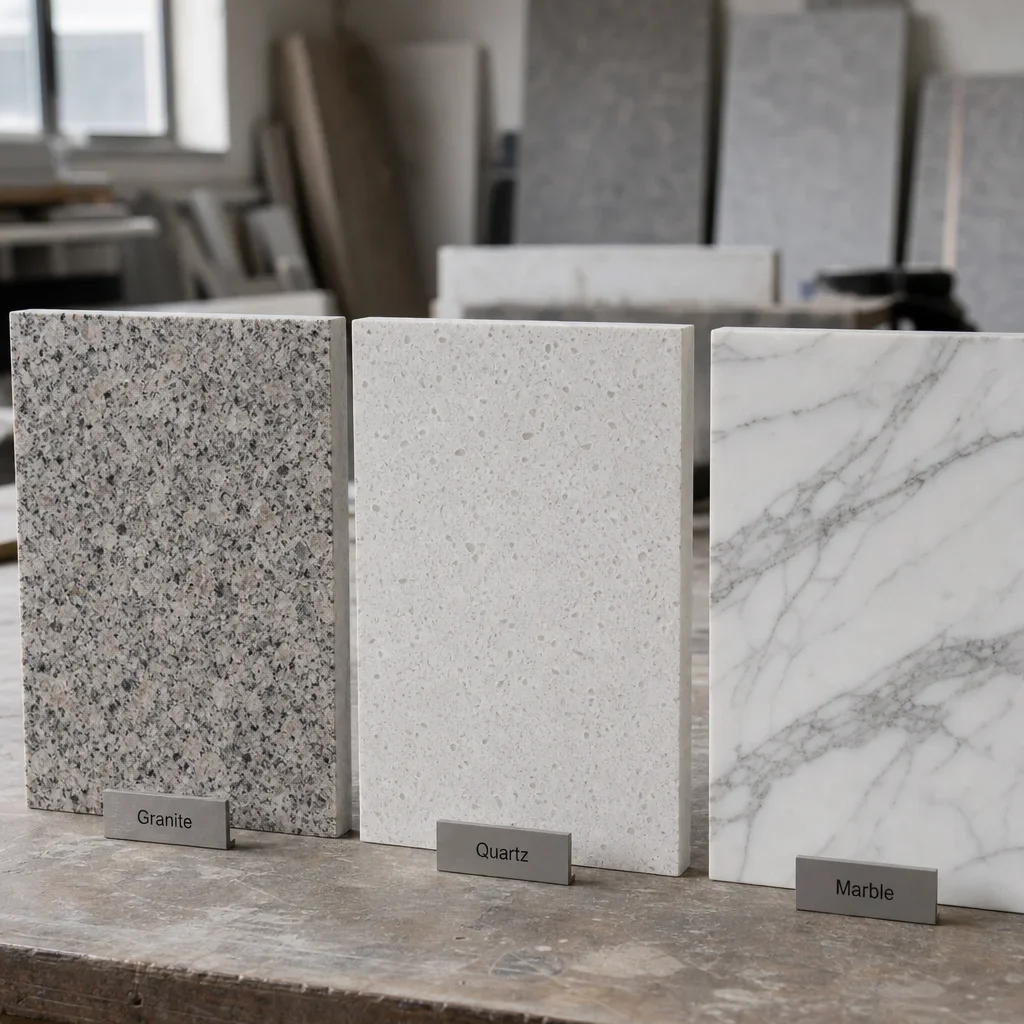 Workbench display comparing the structure and texture of granite, quartz, and marble.