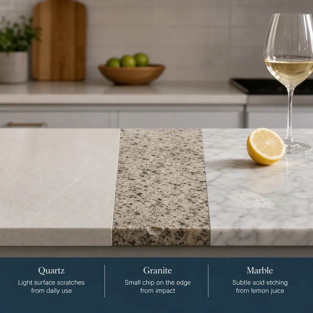 Countertop surfaces illustrating scratches, chips, and etching on different materials.