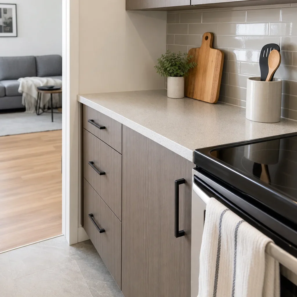 Close-up of durable kitchen materials like quartz, easy-clean backsplash, and resilient flooring.