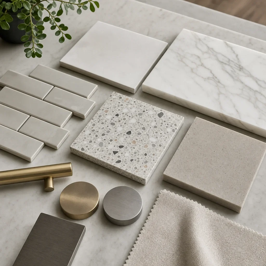 A close-up of bathroom and kitchen finish samples including tile, stone, and metal.