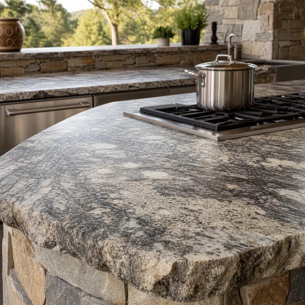 Granite countertop in a kitchen with natural stone movement and a cooking pot nearby.