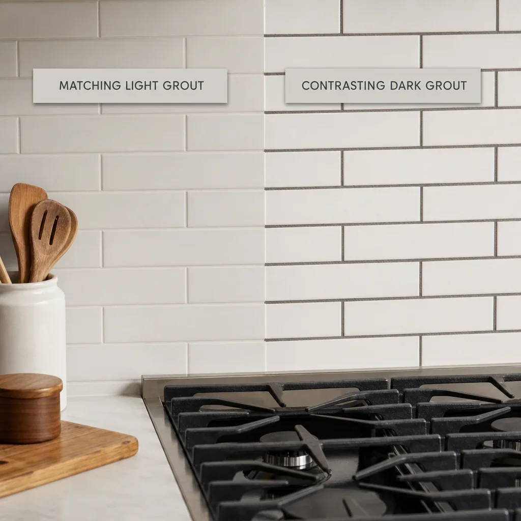 Close-up of backsplash tile showing the effect of different grout colours.